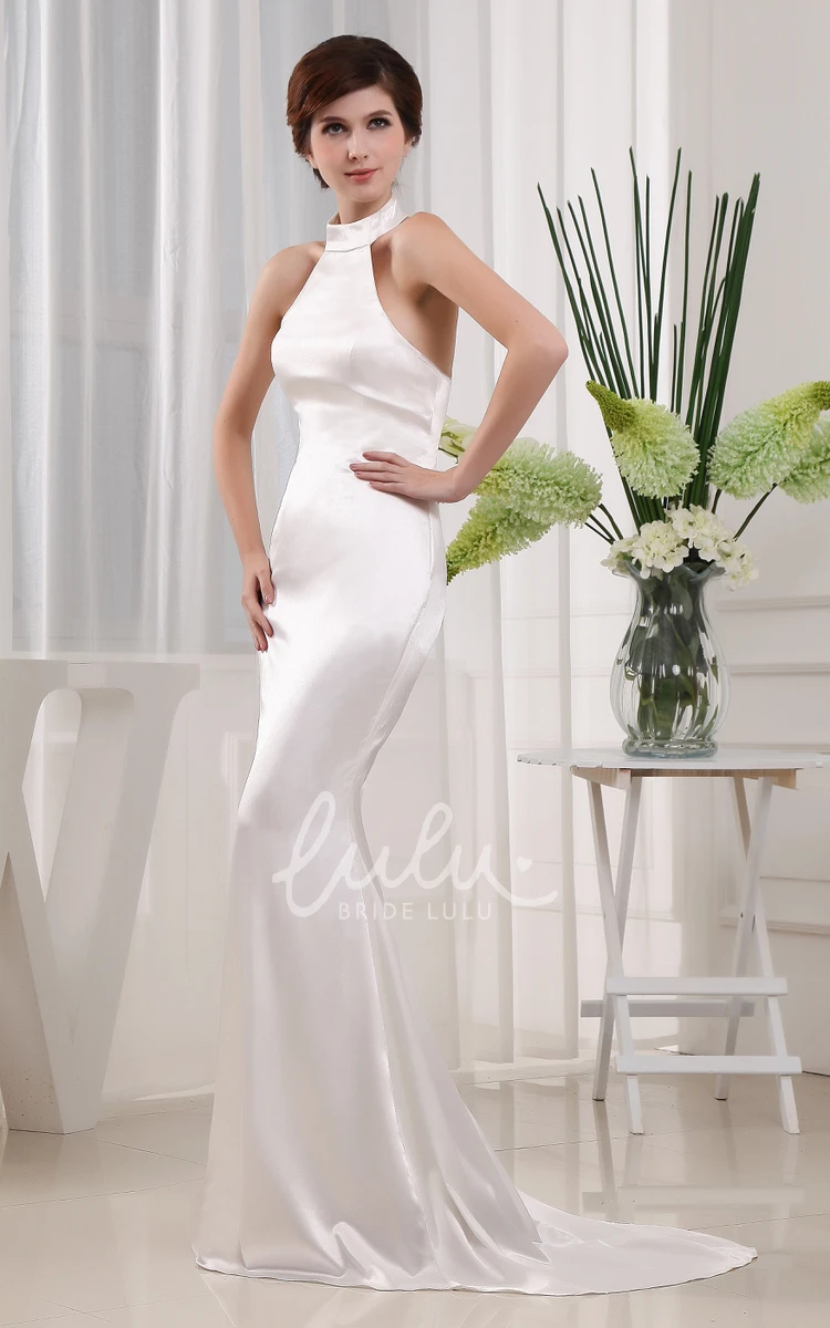 Satin Halter Sheath Wedding Dress with Brush Train Sleeveless Elegant Bridal Gown