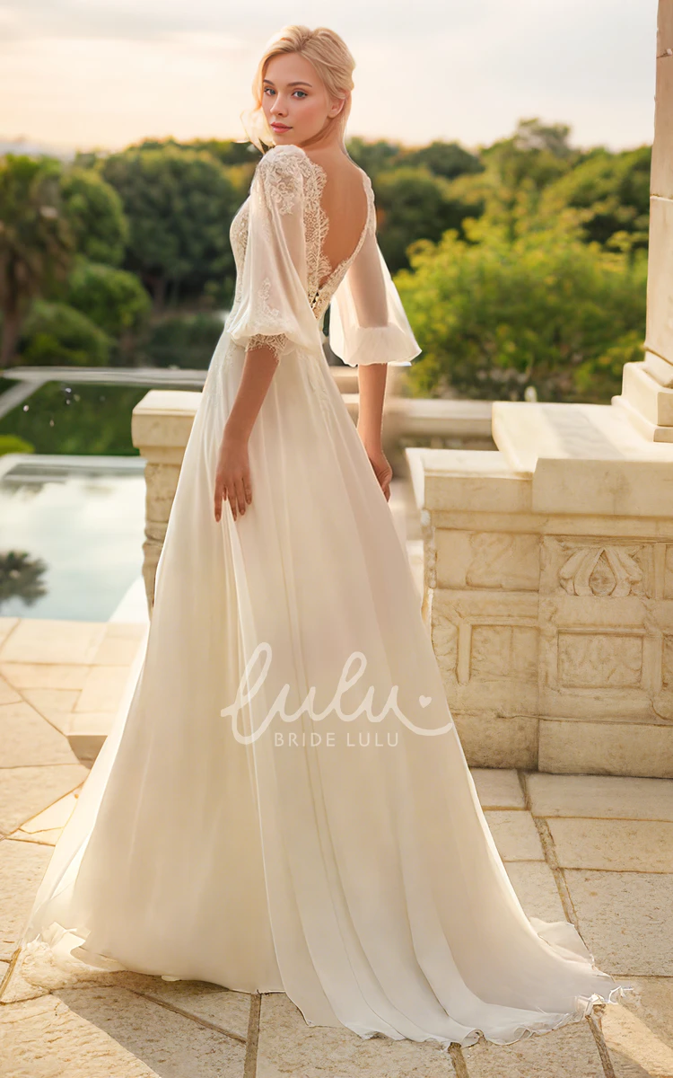 Elegant Boho Chiffon Lace A-Line V-neck Wedding Dress Sexy Solid Half Sleeve Button V Back Bridal Gown