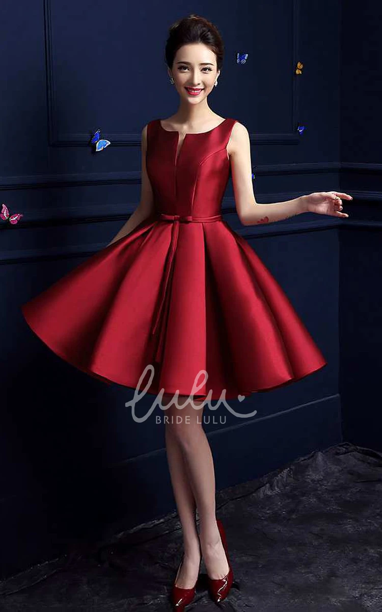 Knee-Length Satin Formal Dress with Bateau Neck and Pleats