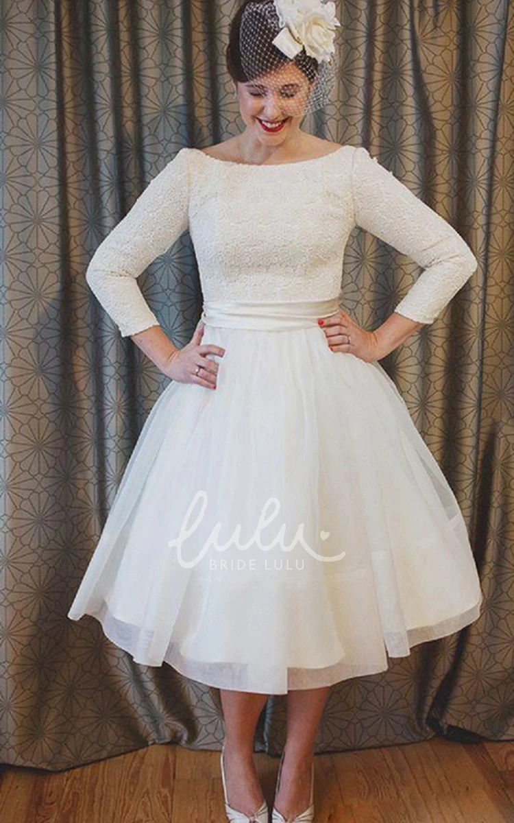 Tea Length Lace and Organza Plus Size Wedding Dress with Long Sleeves