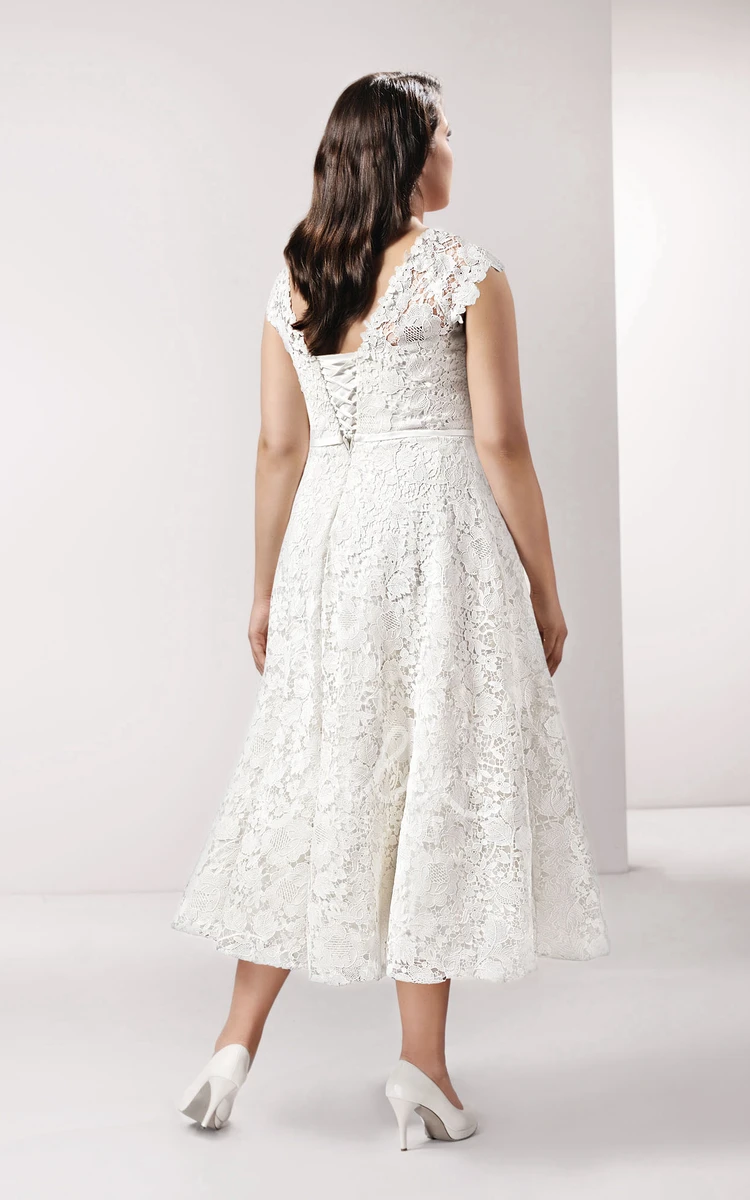 Tea-Length Lace Dress with Caped-Sleeves and Corset Back for Wedding