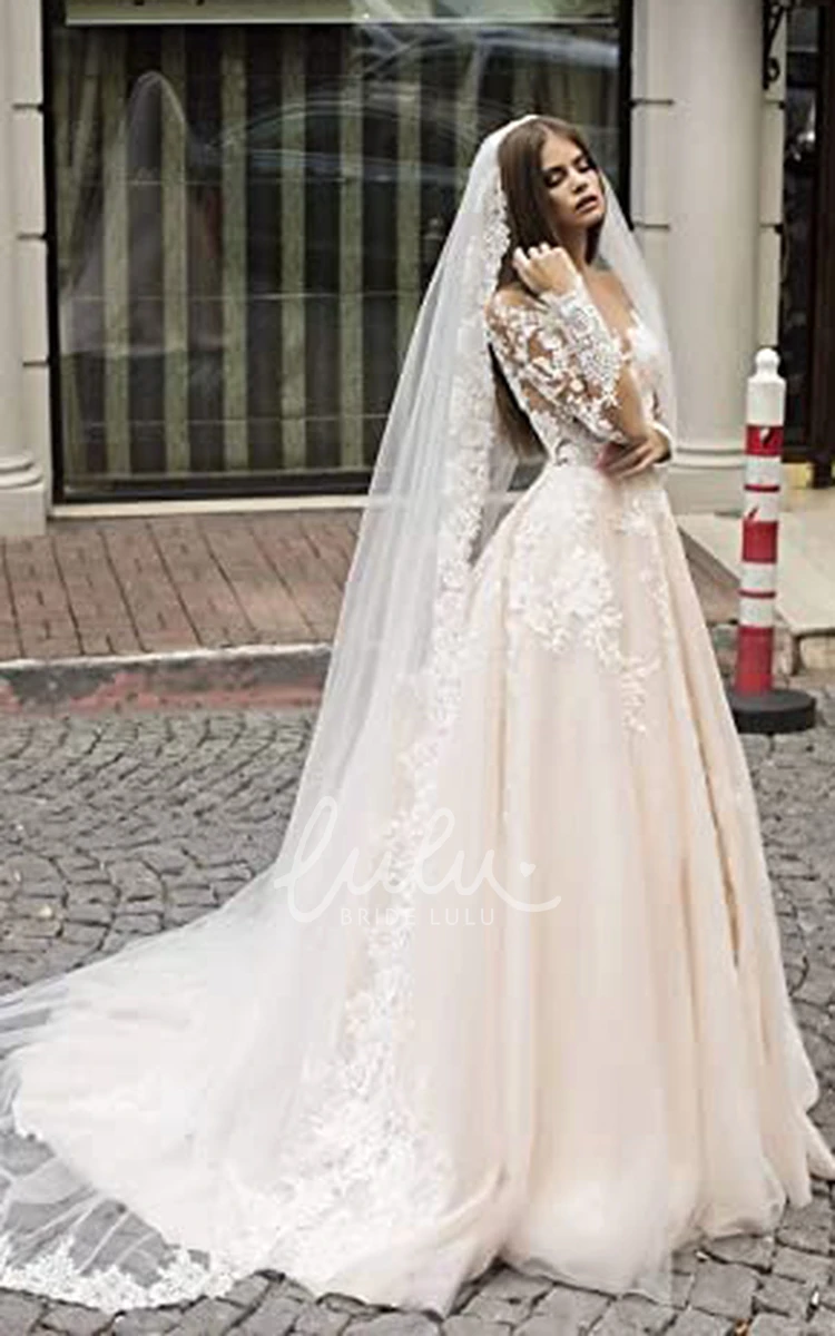Lace V-neck A-Line Wedding Dress with Illusion Sleeves Elegant Wedding Dress for Beach and Garden Weddings