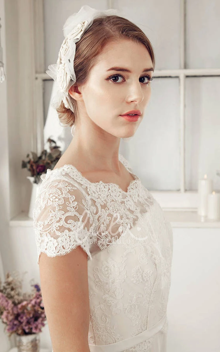 Scoop-Neck Lace and Illusion Sheath Wedding Dress with Cap-Sleeves