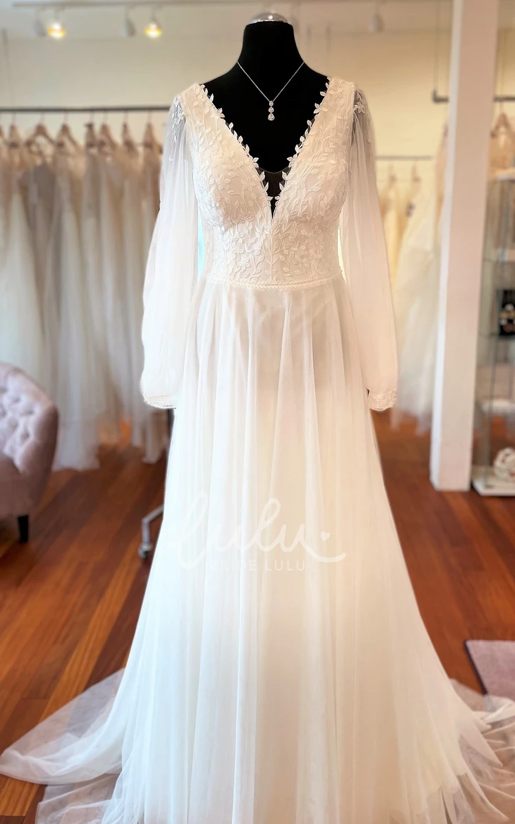 Modest Tulle Wedding Dress with Poet Sleeves and Zipper Back A-Line Bridal Gown