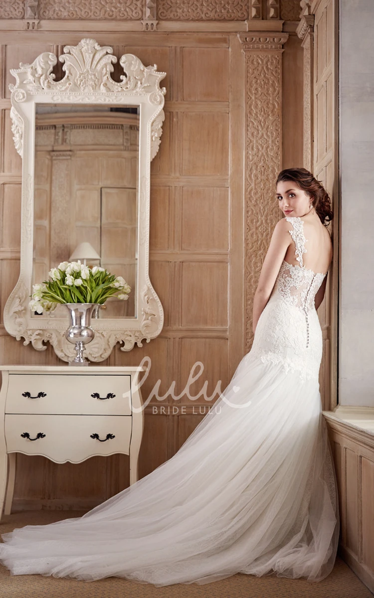 Lace and Tulle Wedding Dress with Court Train Long & Straps