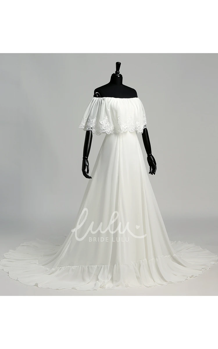 Chiffon A-line Lace Wedding Dress with Off-the-shoulder Neckline and Pleats
