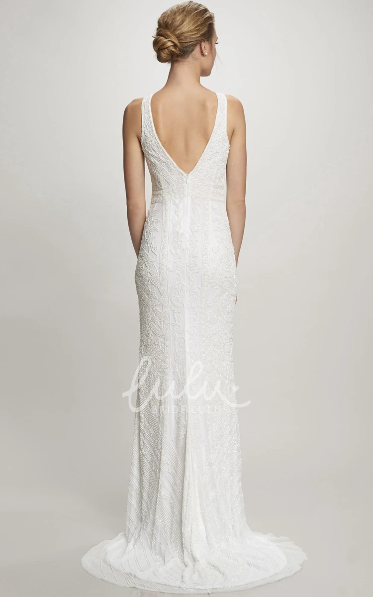 Jewel Lace V-Back Wedding Dress with Brush Train Floor-Length