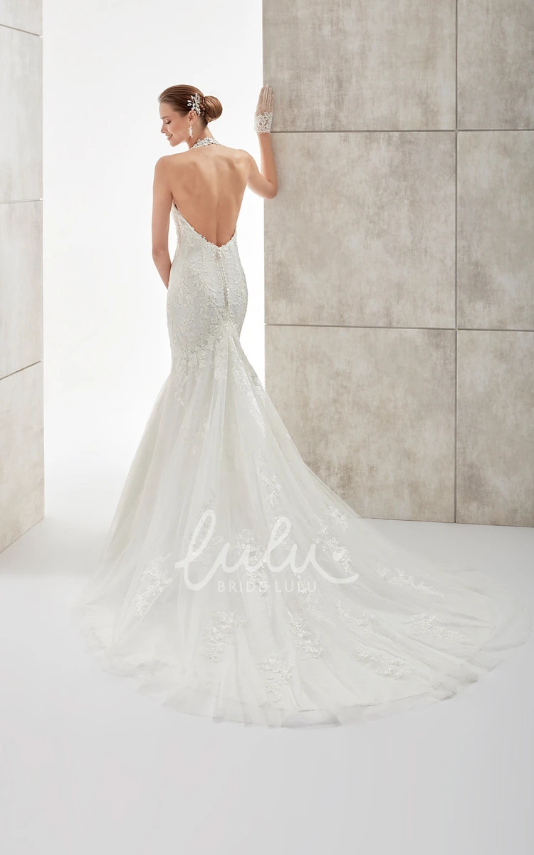 Backless Mermaid Wedding Dress with High-Neck and Illusive Design