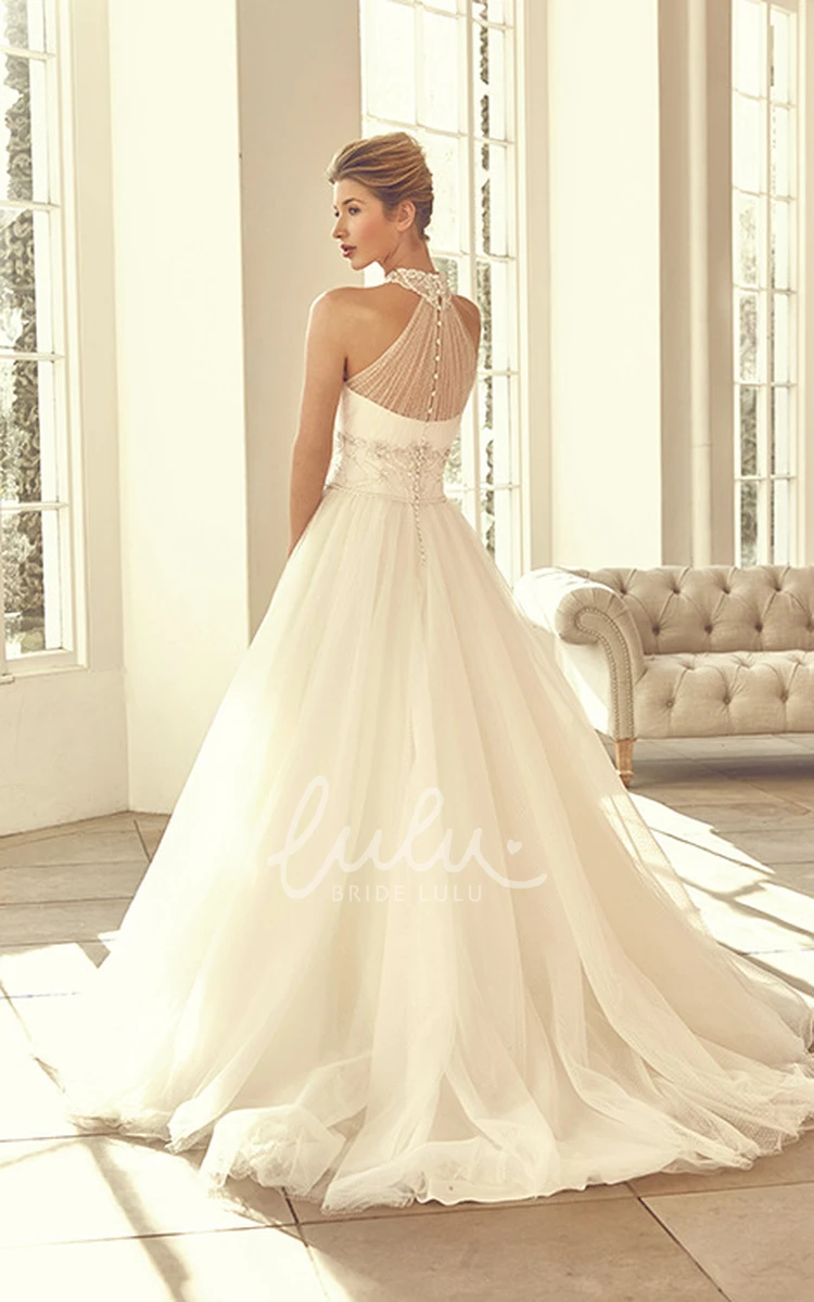 High Neck Beaded Tulle Wedding Dress with Court Train and Straps Unique Bridal Gown