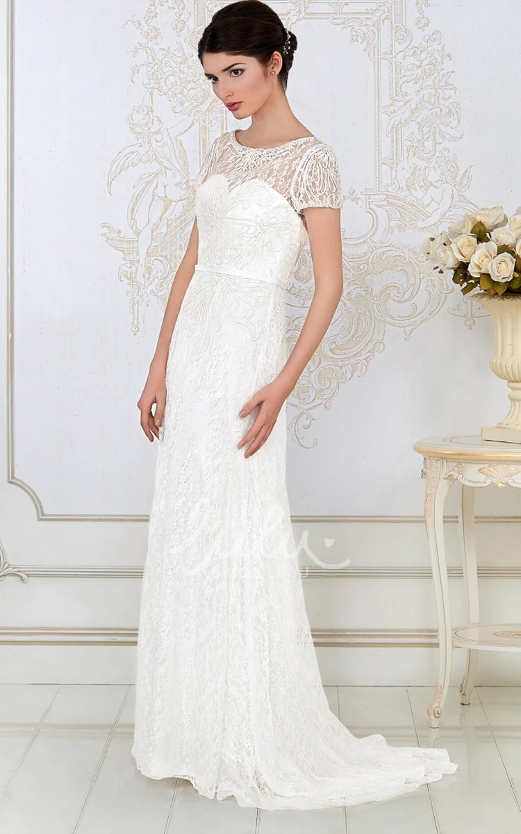 Bateau Neck Cap Sleeve Lace Evening Dress with Brush Train Bridesmaid Dress