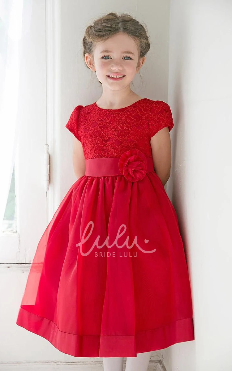 Floral Tea-Length Organza Flower Girl Dress with Ribbon Unique and Elegant