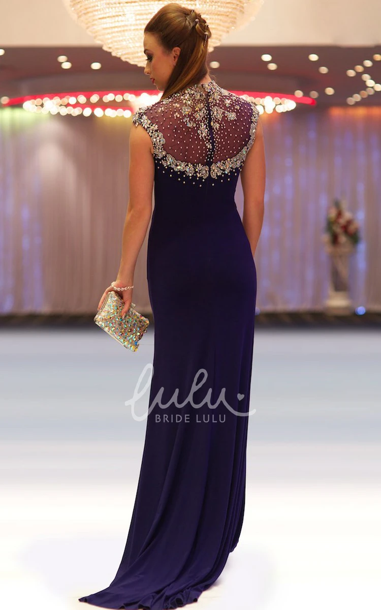 Beaded Jersey Prom Dress Cap-Sleeve High-Neck Sheath Dress for Prom