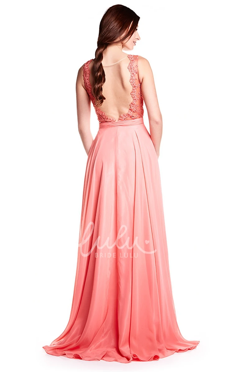 A-Line Sleeveless Appliqued Prom Dress with Brush Train and Illusion Back Elegant Prom Dress