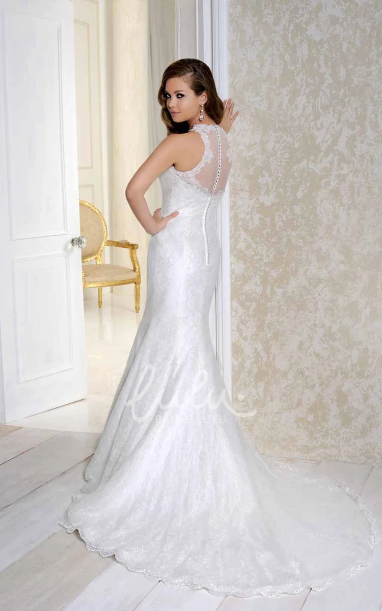 High Neck Satin Wedding Dress with Court Train and Illusion Chic Bridal Gown