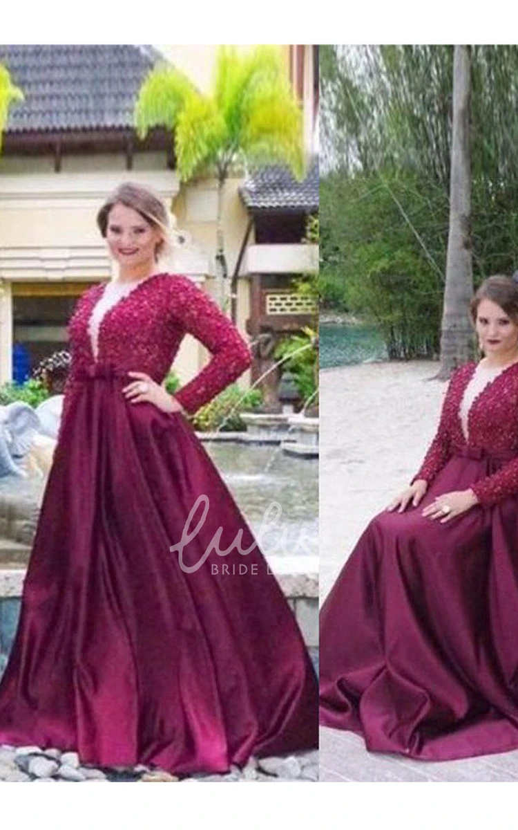 Long Sleeve A-Line Satin Lace Formal Dress with Sweep Train