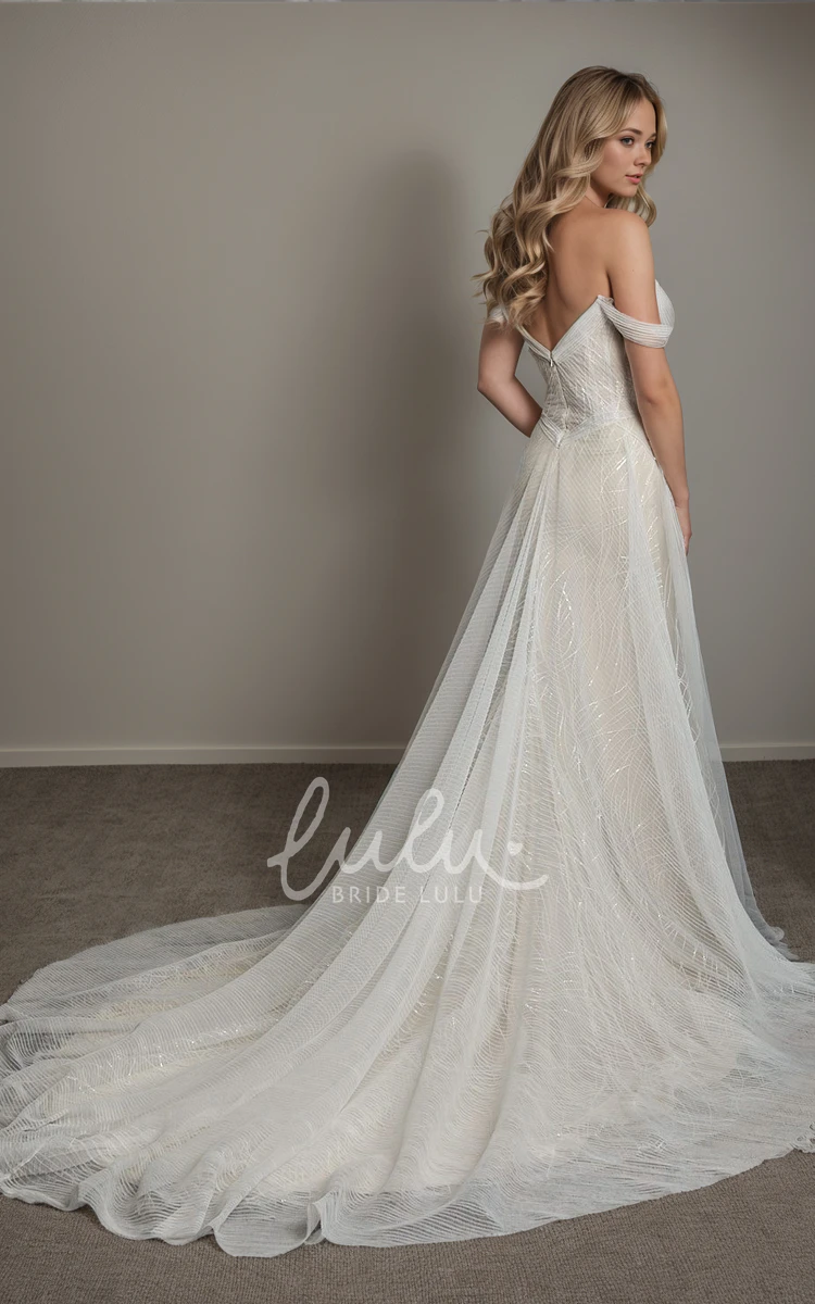 Modern Romantic Sheath Off-the-shoulder V-neck Pleats Tulle Wedding Dress Sexy Elegant Floor-length Court Train Sleeveless Zipper Low-V Back Split Front Bridal Gown