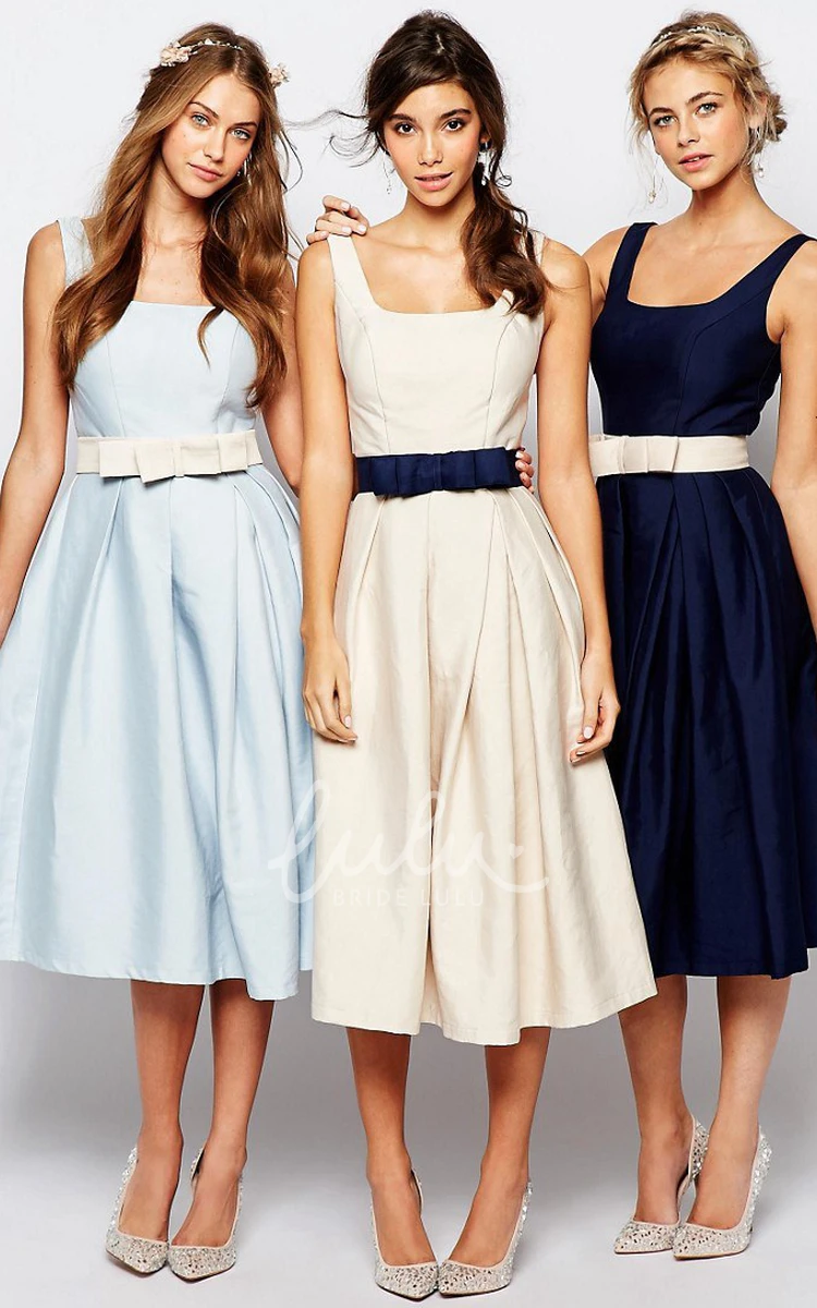 A-Line Satin Bridesmaid Dress Sleeveless Square-Neck Tea-Length Bow