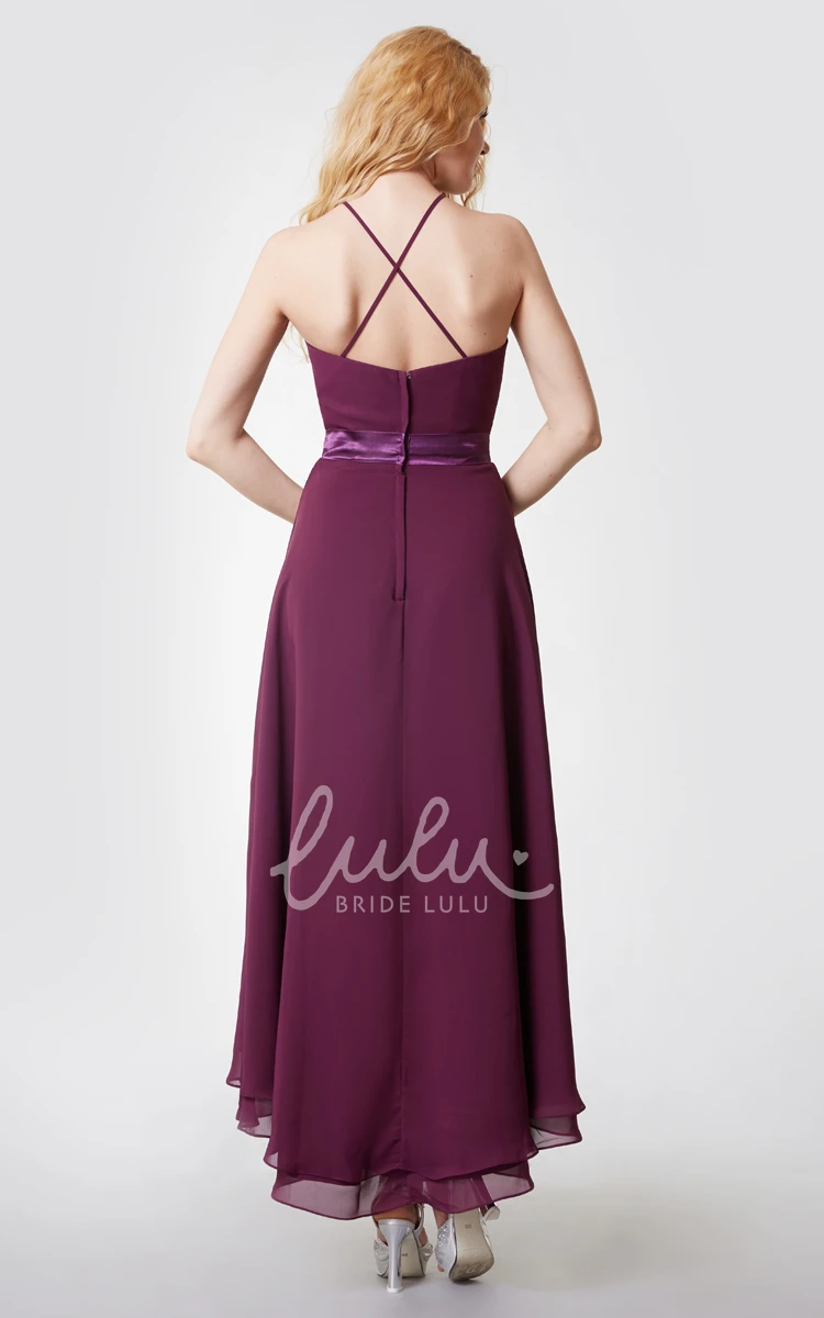 High Low Bridesmaid Dress with Sexy Back Halter & Chiffon