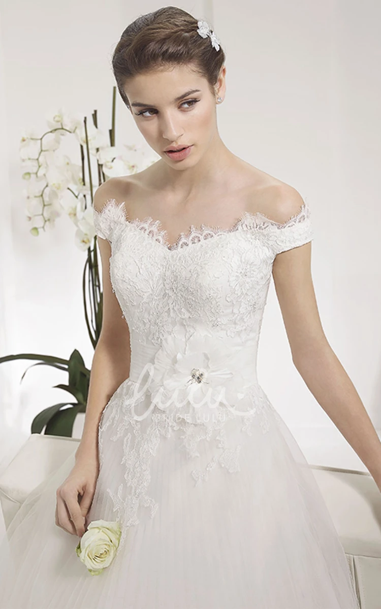 Off Shoulder A-line Tulle Gown with Lace Top and Flower Modern Wedding Dress
