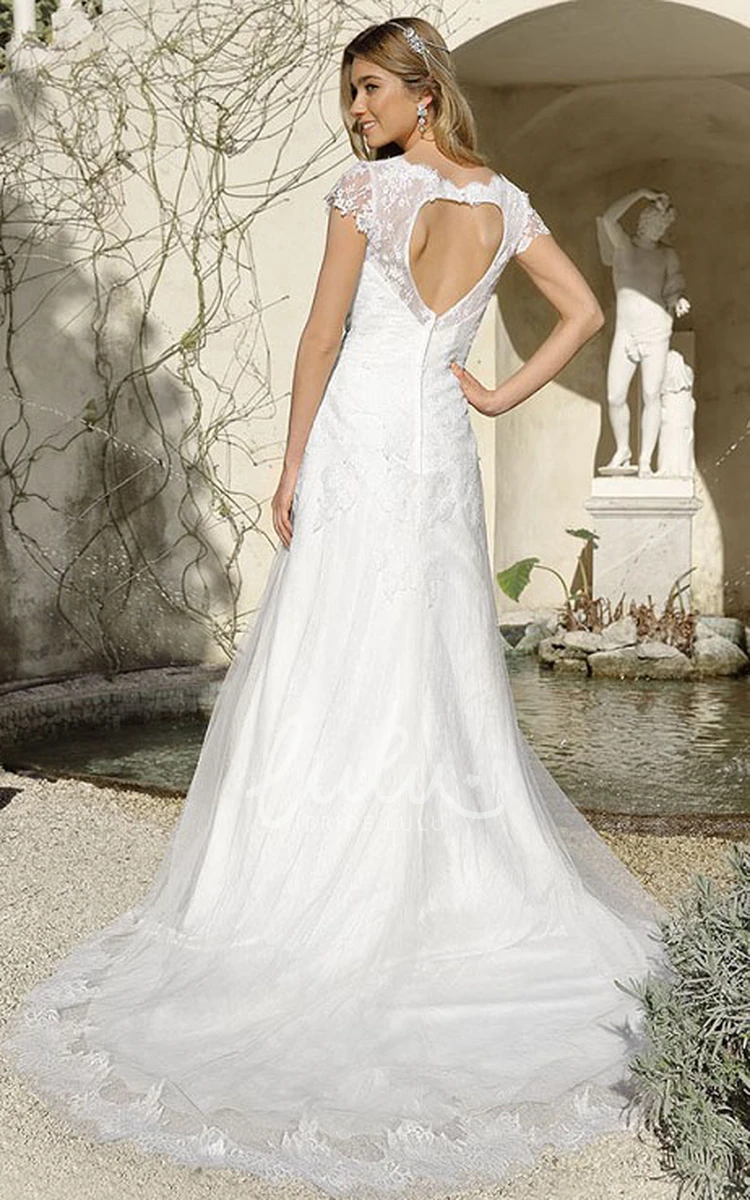 Lace Cap-Sleeve V-Neck A-Line Wedding Dress with Keyhole Classic Bridal Gown
