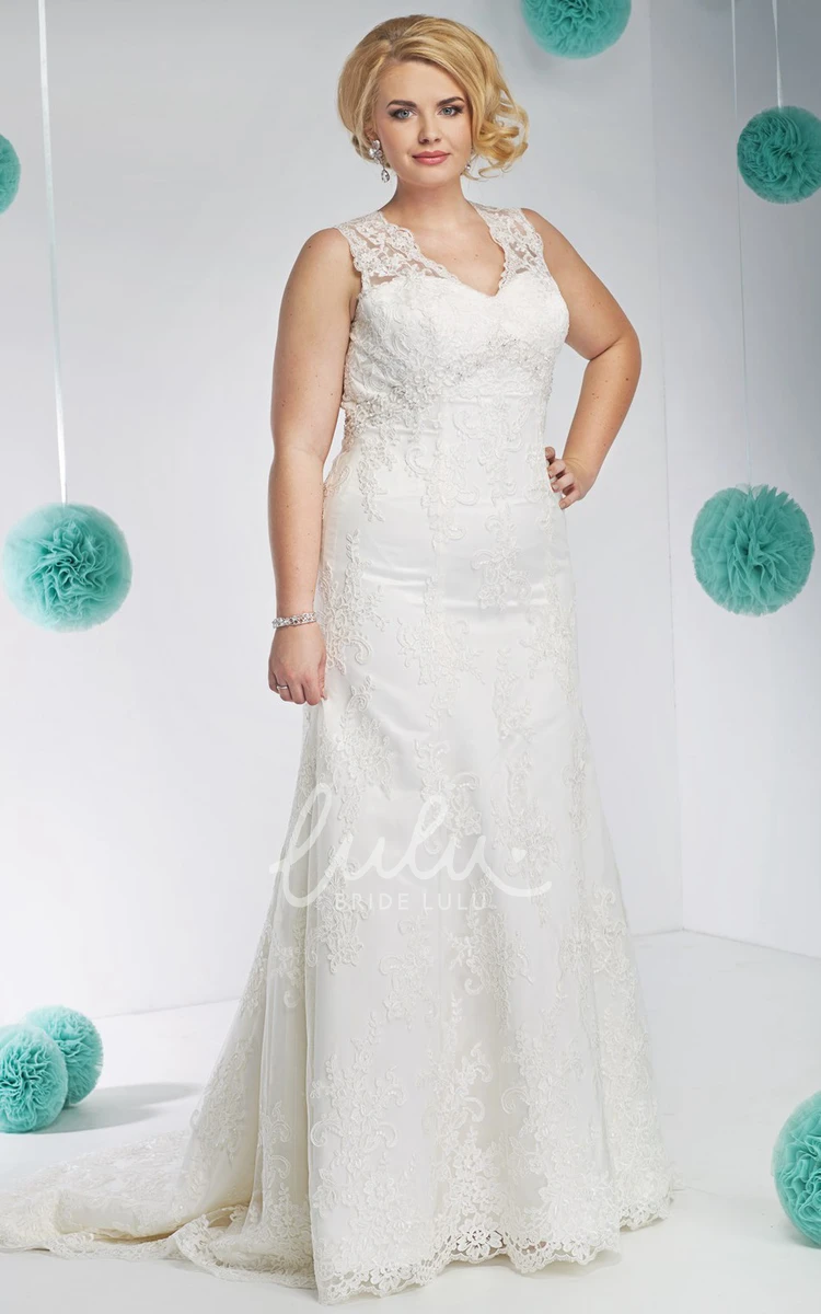 Plus Size Lace Wedding Dress with Appliques V-Neckline and Sleeveless
