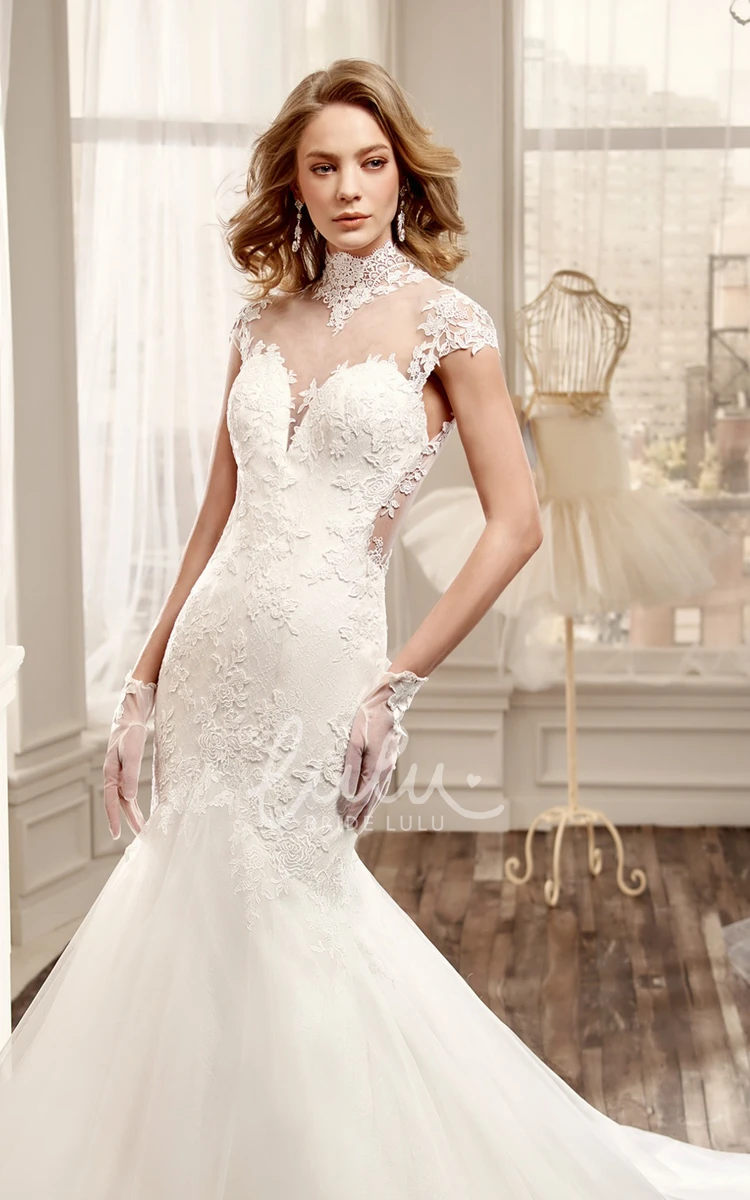 Illusive Back Mermaid Wedding Dress with High Neck and Appliques