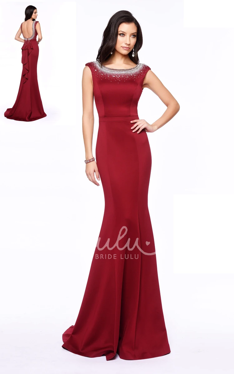Beaded Backless Sheath Formal Dress with Cap Sleeves