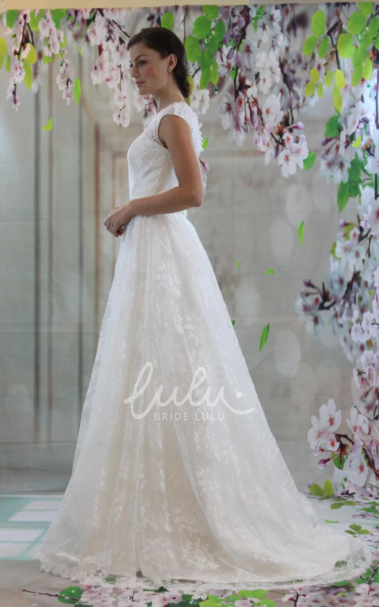 A-Line Lace Wedding Dress with Court Train and High Neckline