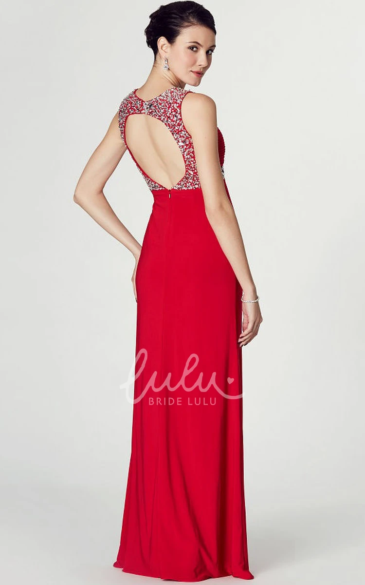 Strapped Sleeveless Floor-Length Jersey Prom Dress with Beads and Keyhole