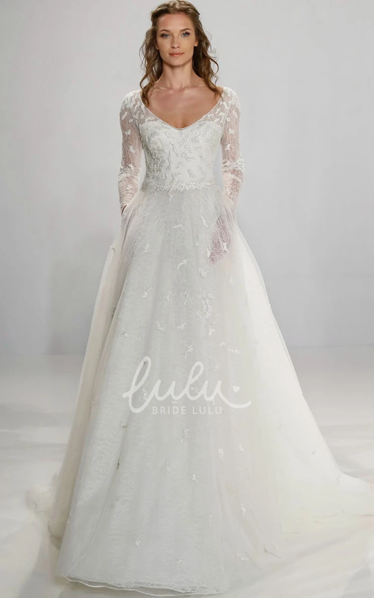 Long-Sleeve V-Neck Tulle A-Line Wedding Dress with Illusion Chic Bridal Gown