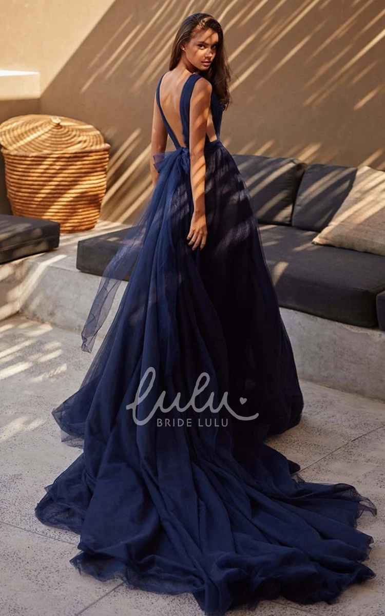 A Line Tulle Evening Dress with Split Front and Sleeveless