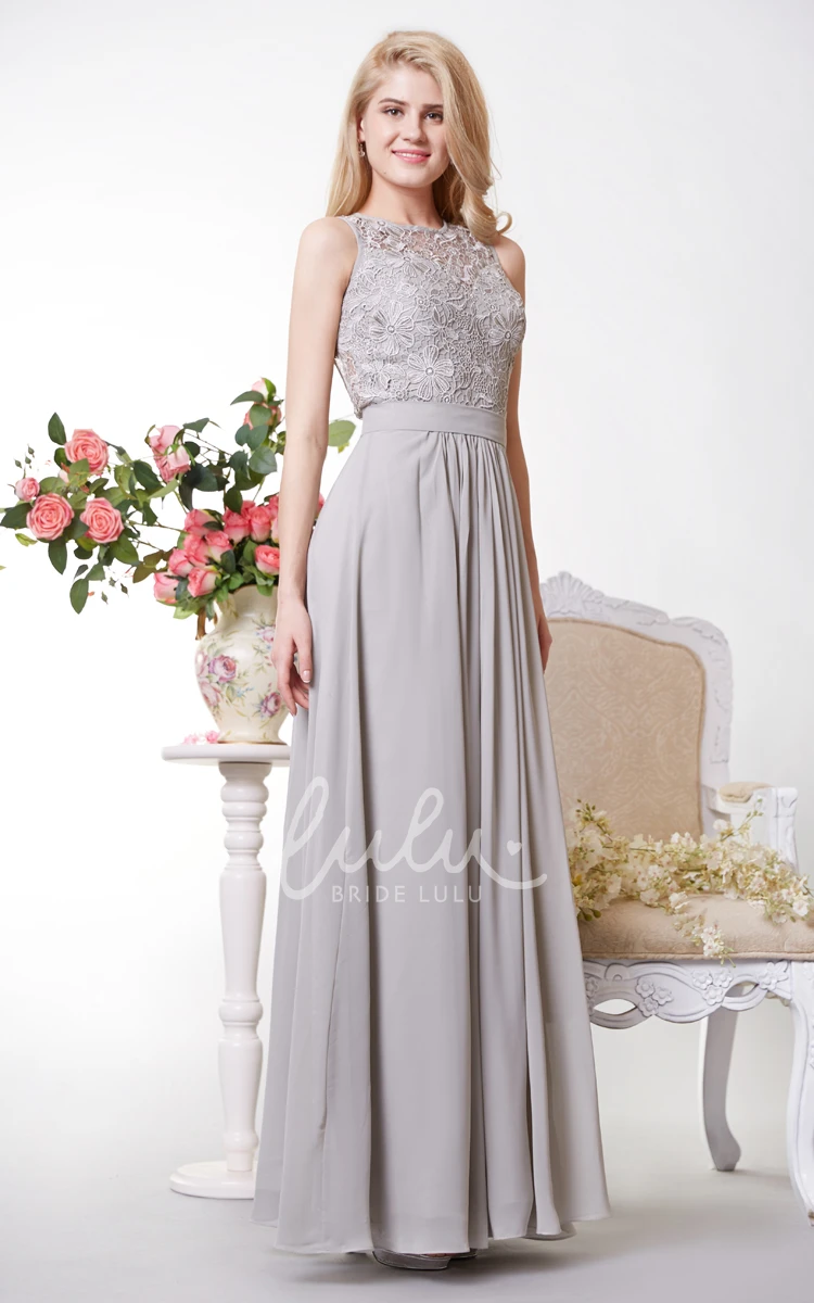 Chiffon Bridesmaid Dress with Lace Top and Keyhole Back Bateau Neckline