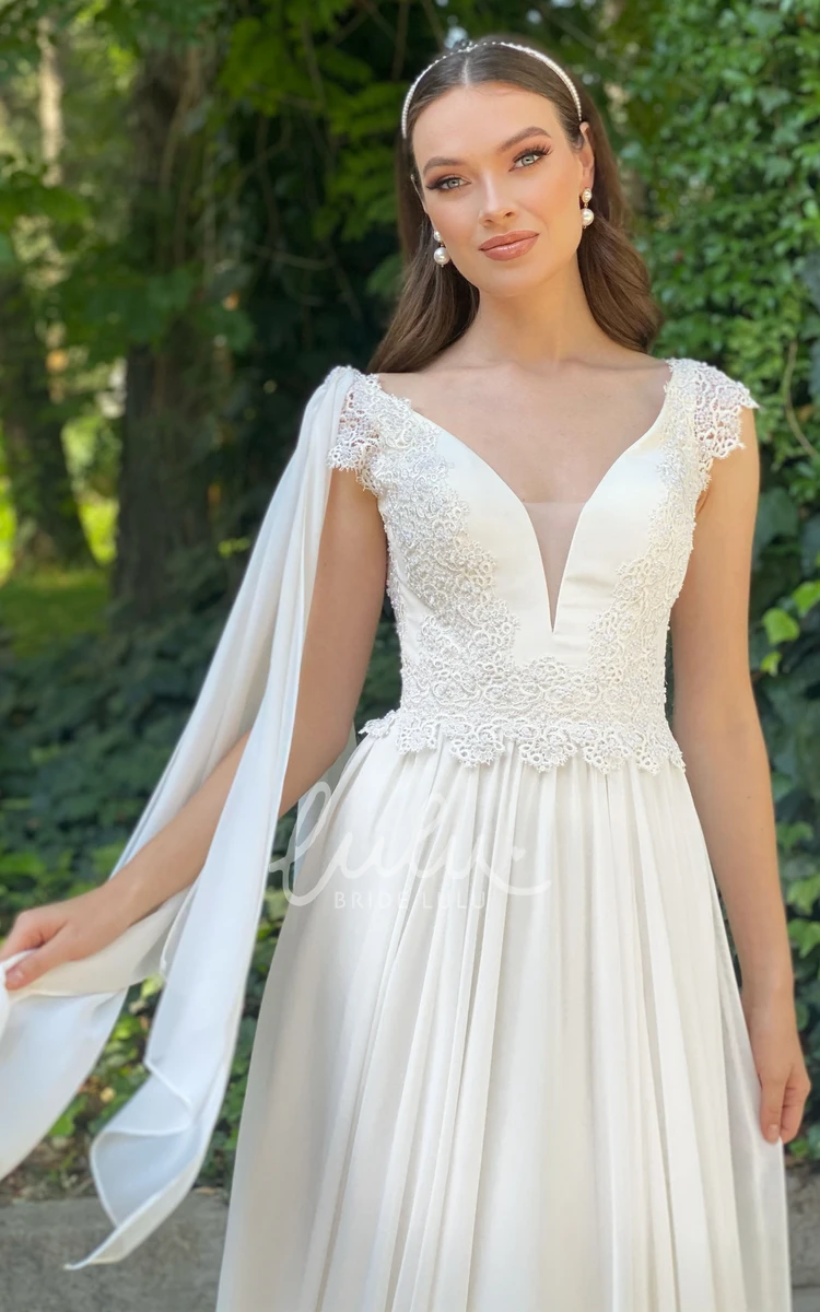 Chiffon V-neck A-line Wedding Dress with Court Train and Ruching Casual Wedding Dress