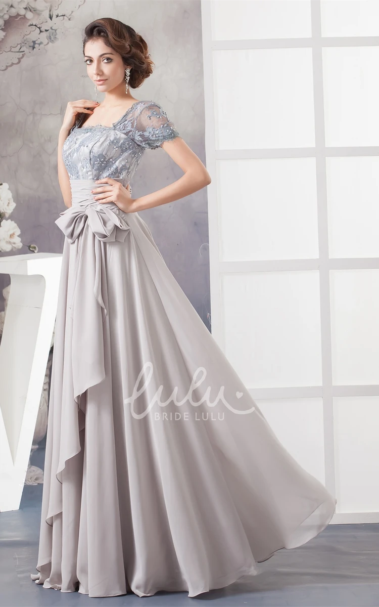 Chiffon Gown with Bow and Illusion Caped Sleeve for Bridesmaids
