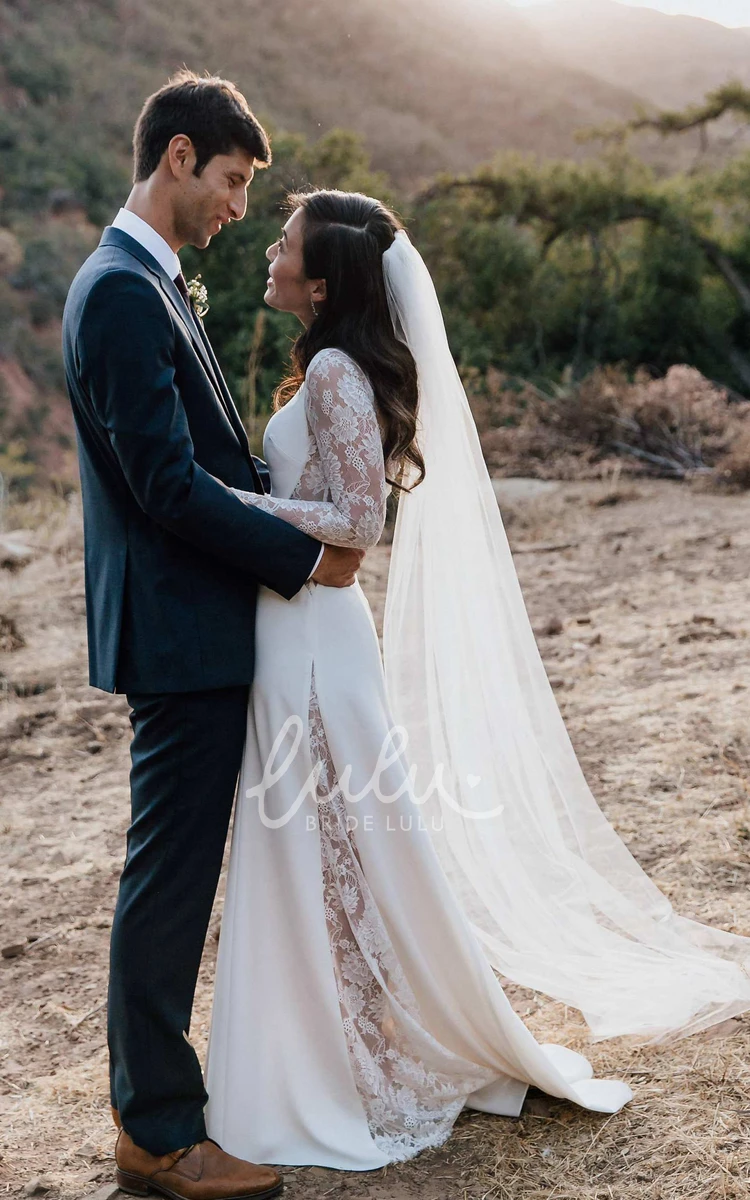 Lace Chiffon Wedding Dress With Jewel-Neck and Long Sleeves