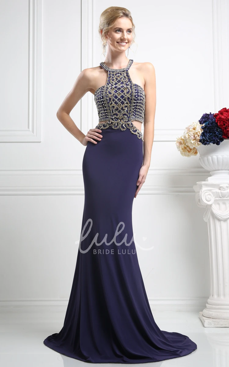 Sleeveless Two-Piece Sheath Jersey Dress with Jewel-Neck and Beading