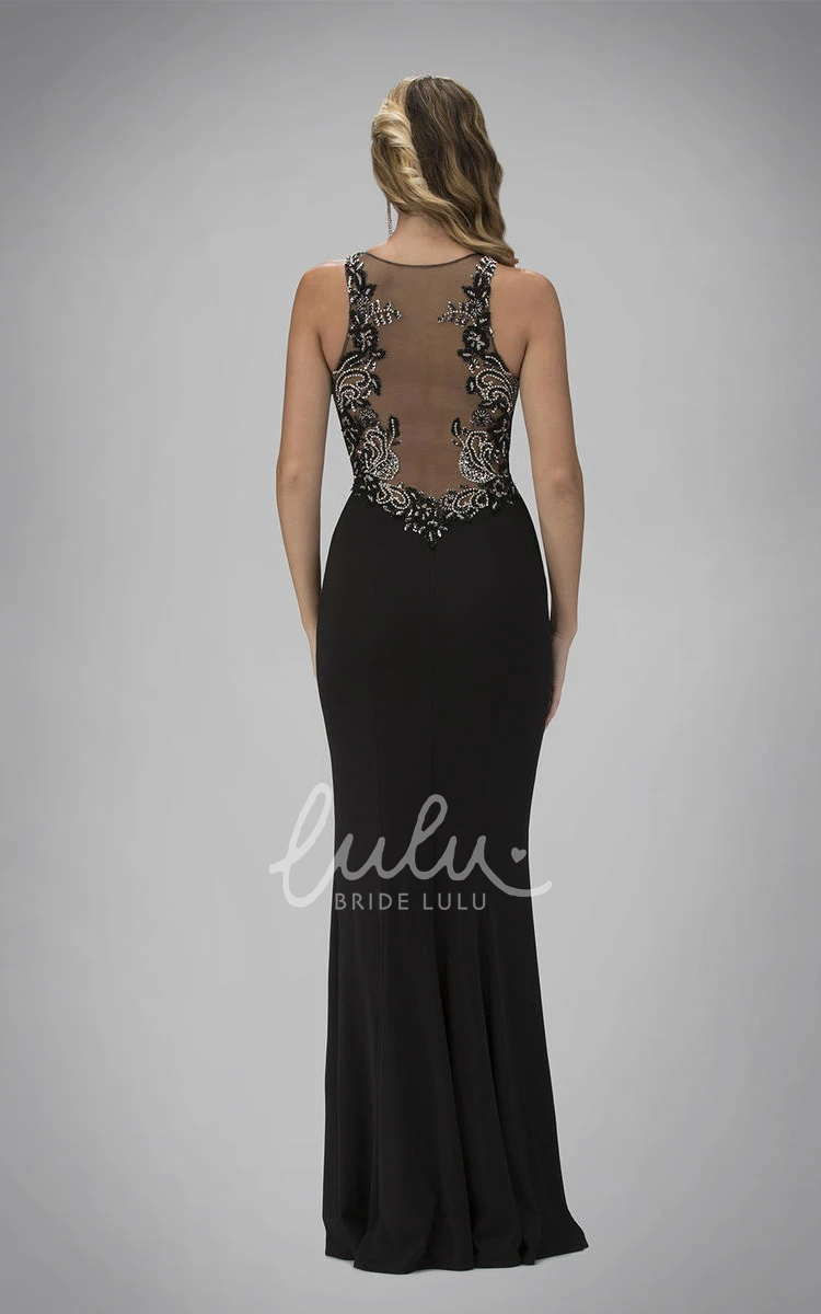 Sleeveless Jersey Illusion Formal Dress with Beading Sheath Long Scoop-Neck