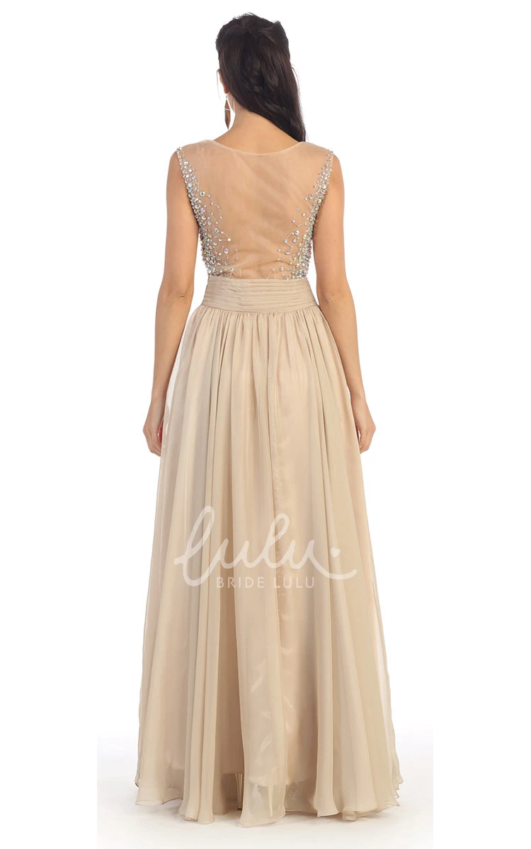Scoop-Neck Chiffon Illusion Dress with Beading and Pleats for Bridesmaids