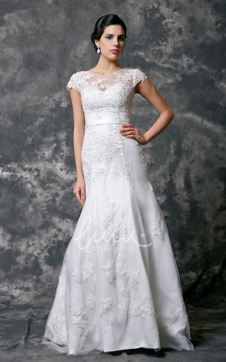 Beaded Lace Cap Sleeve Wedding Dress with Appliques