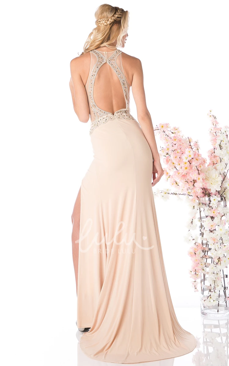 Jersey Sheath Formal Dress with Split Front Beading and Jewel-Neck