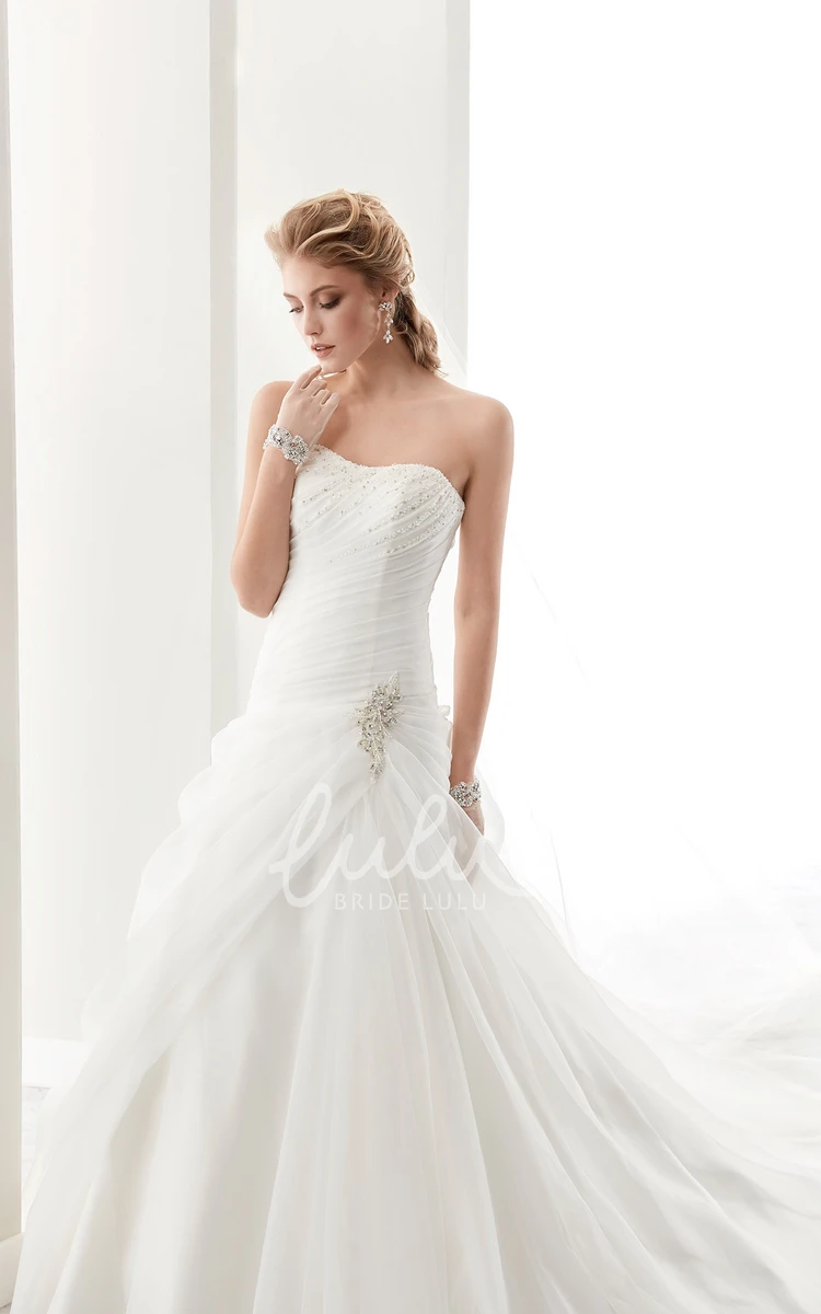 Strapless Wedding Dress with Side Ruffles and Brush Train Pleated