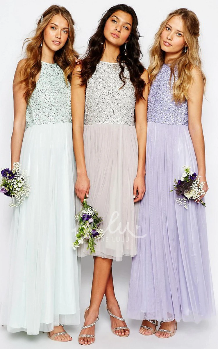 Sequined A-Line Tulle Bridesmaid Dress with Pleats Tea-Length Sleeveless