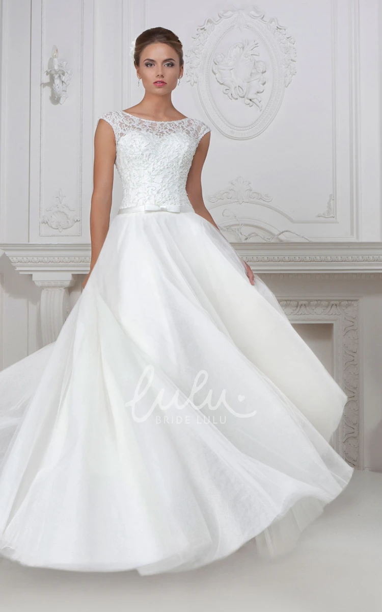 Cap-Sleeve Floor-Length Scoop-Neck Lace&Tulle&Satin A-Line Wedding Dress Modern Bridal Gown