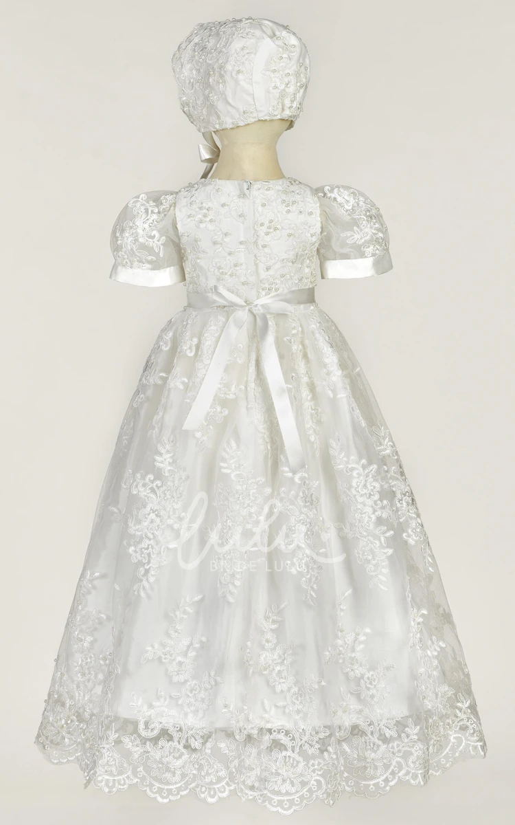 Puff Sleeve Christening Gown with Pearls and Lace Unique Christening Dress