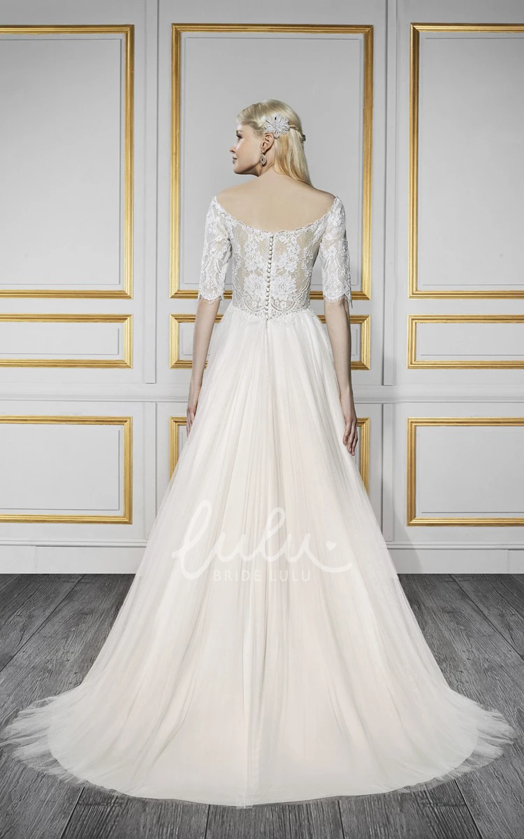 Off-The-Shoulder A-Line Tulle&Satin Wedding Dress with Half-Sleeves
