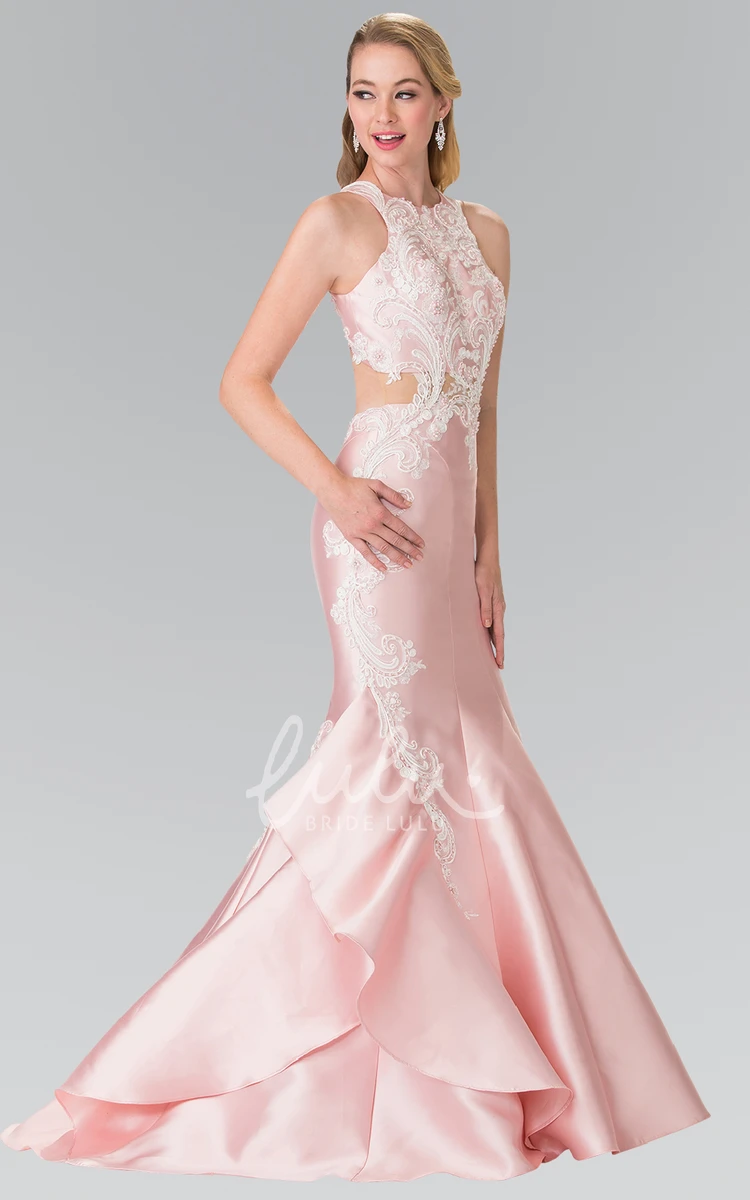Applique Mermaid Satin Dress with Jewel Neckline and Draping