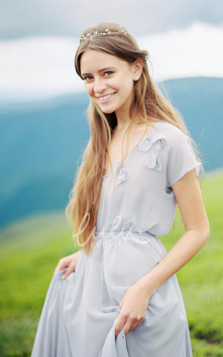 Chiffon Dress with Flowers and Pleats for Bridesmaids