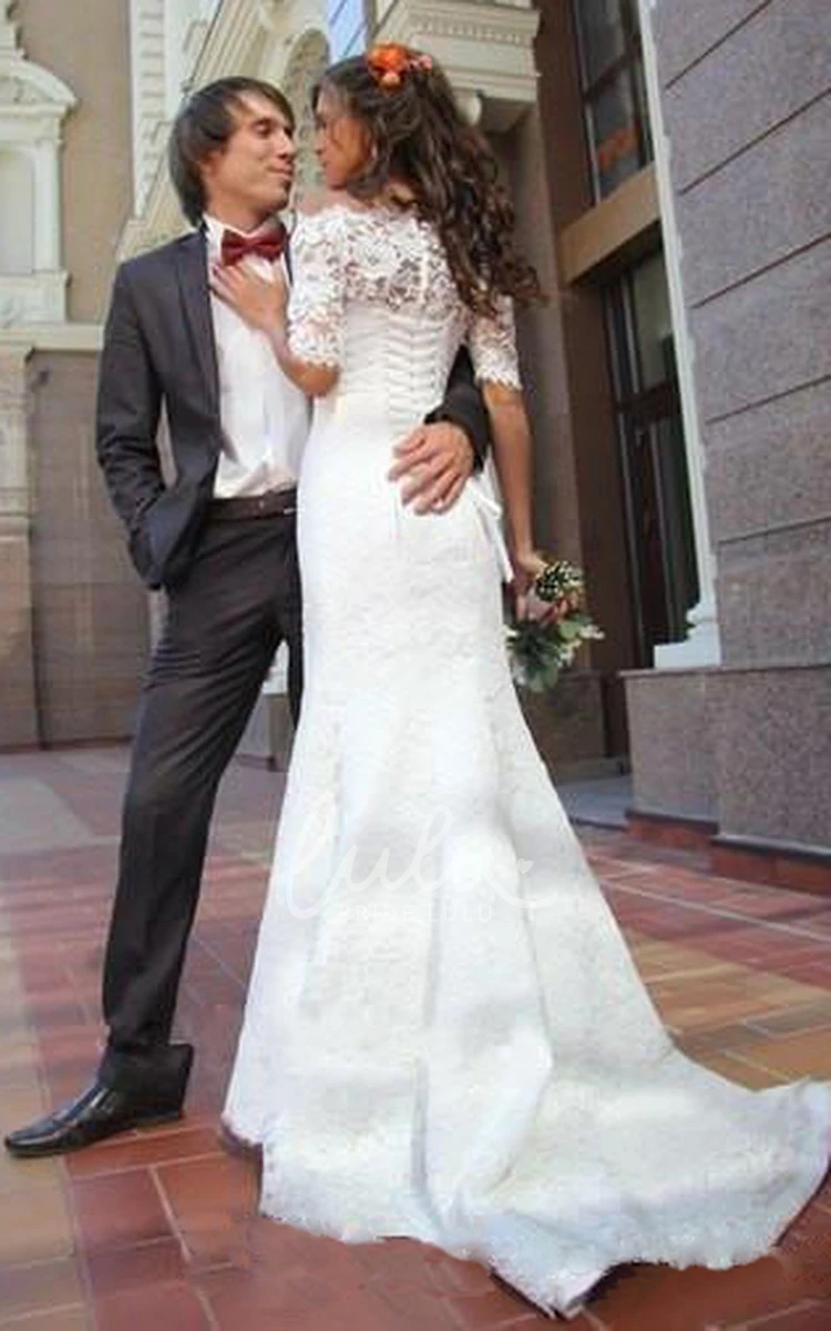 Lace-up Off-shoulder Sheath Wedding Dress with Half Sleeves