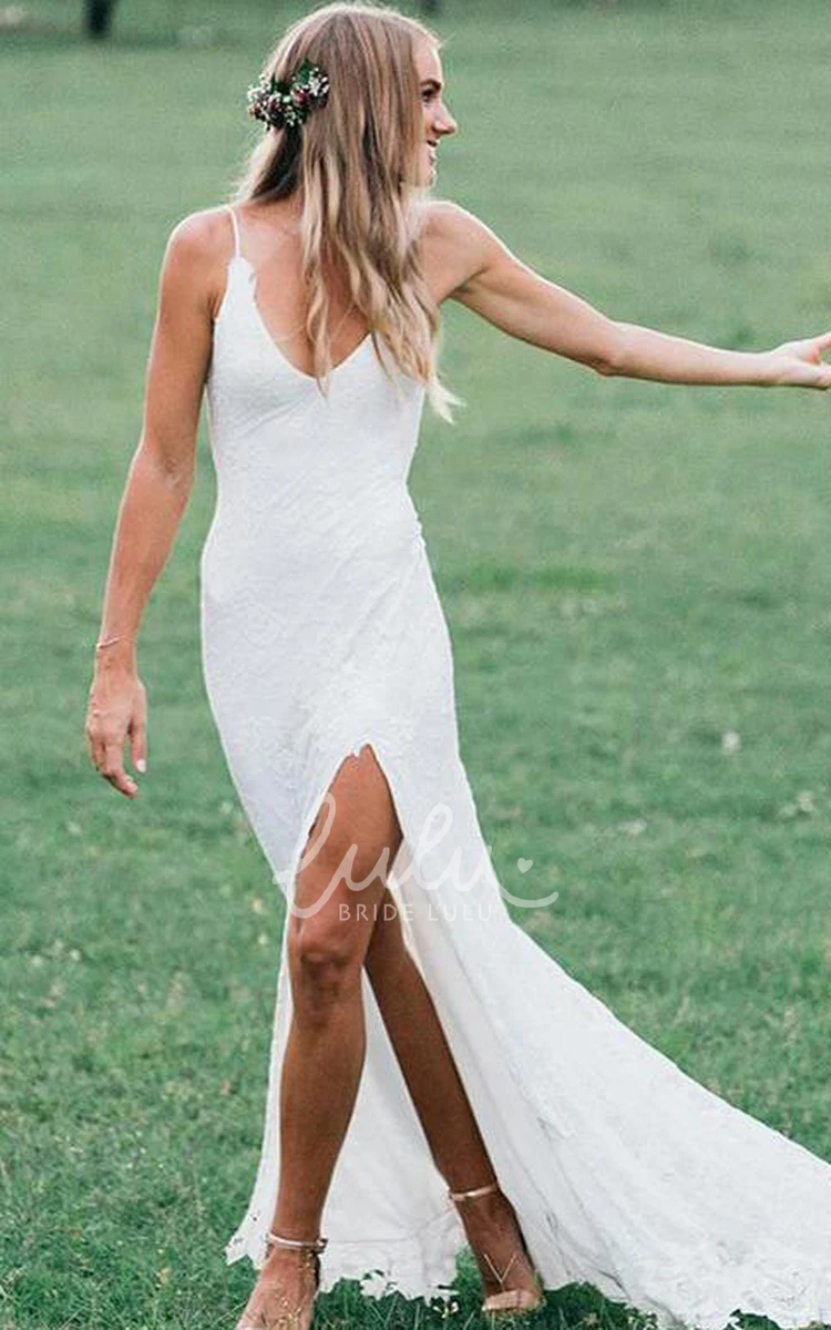 V-neck Lace Sheath Wedding Dress with Split Front and Sweep Train Modern & Elegant