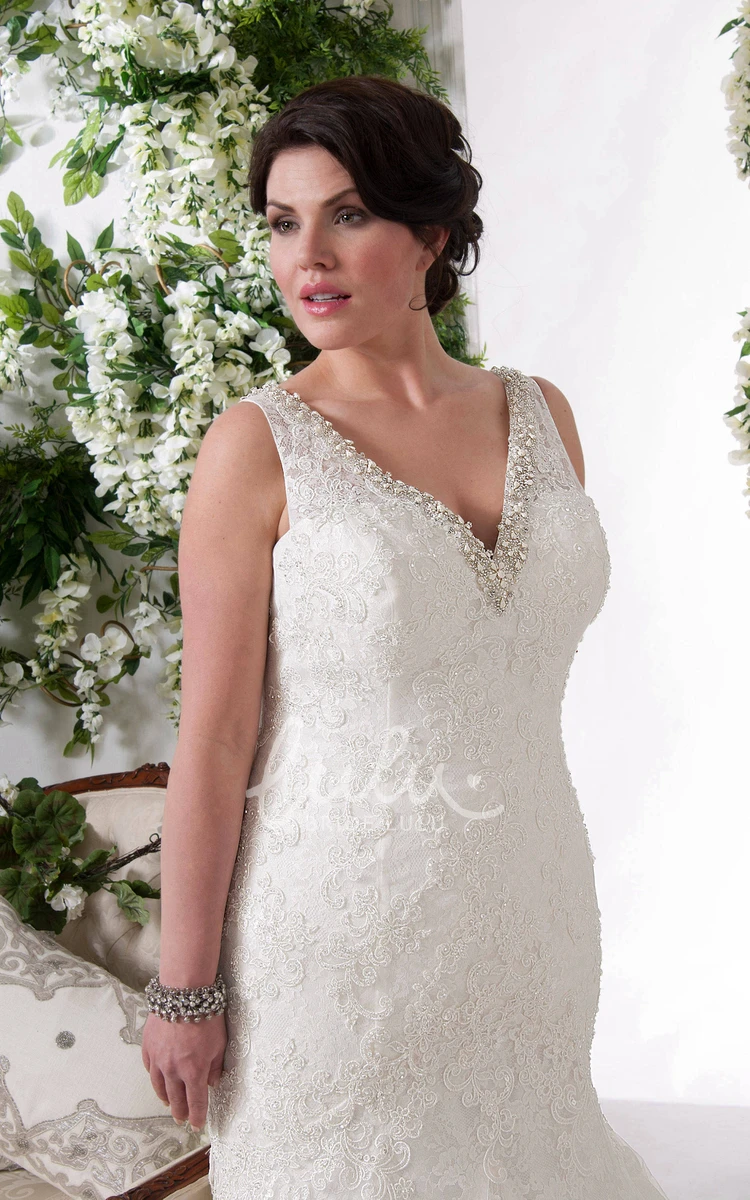 Mermaid Wedding Dress with Plunging Neckline Beading and Sleeveless Design